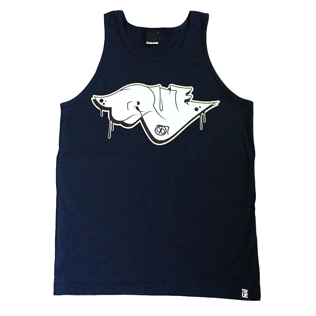 True Mens Throwie Tank Top Navy fit zone