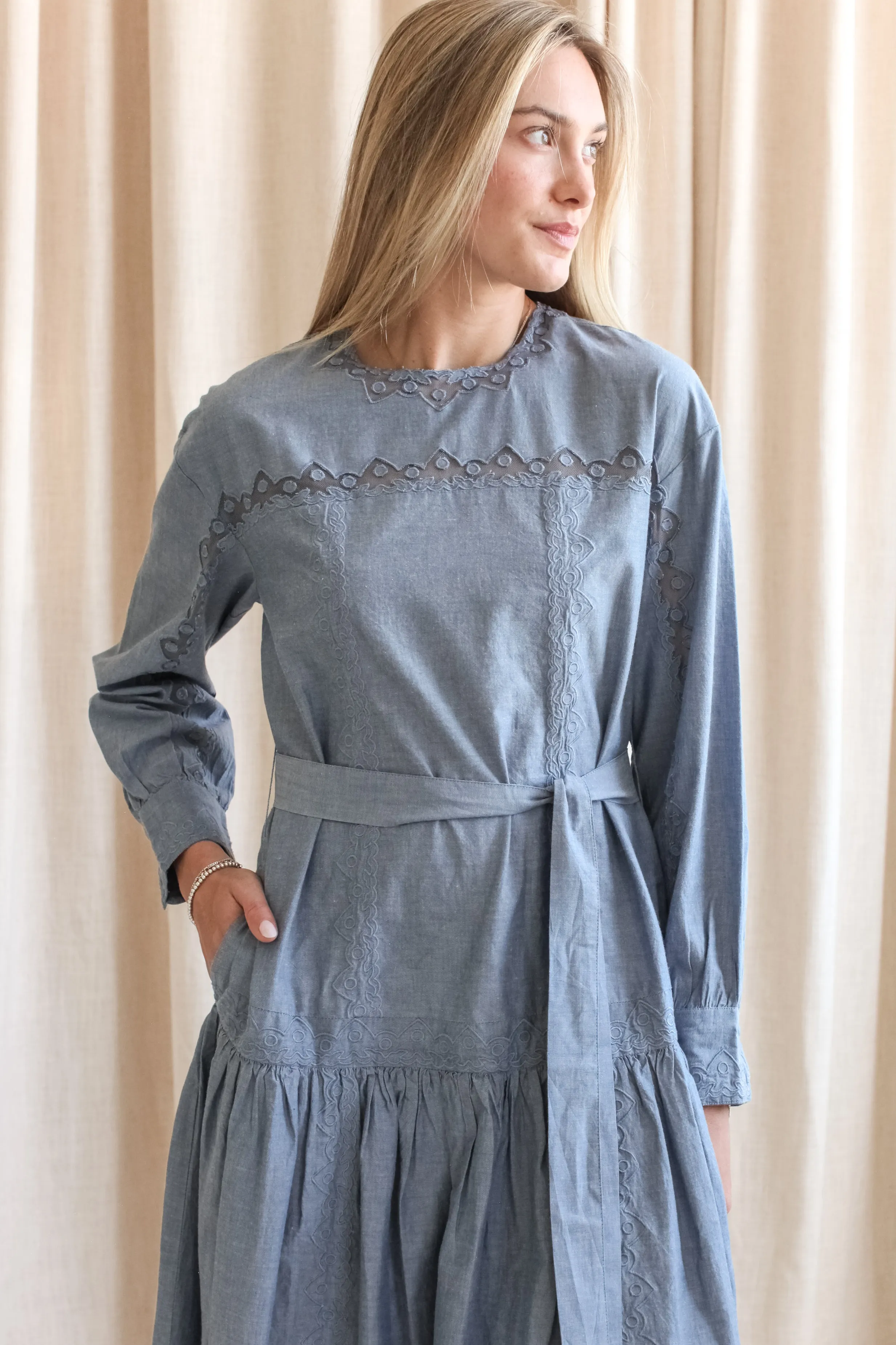 Ulla Johnson Brin Drop Waist Long Sleeve Dress - Chambray cozy look