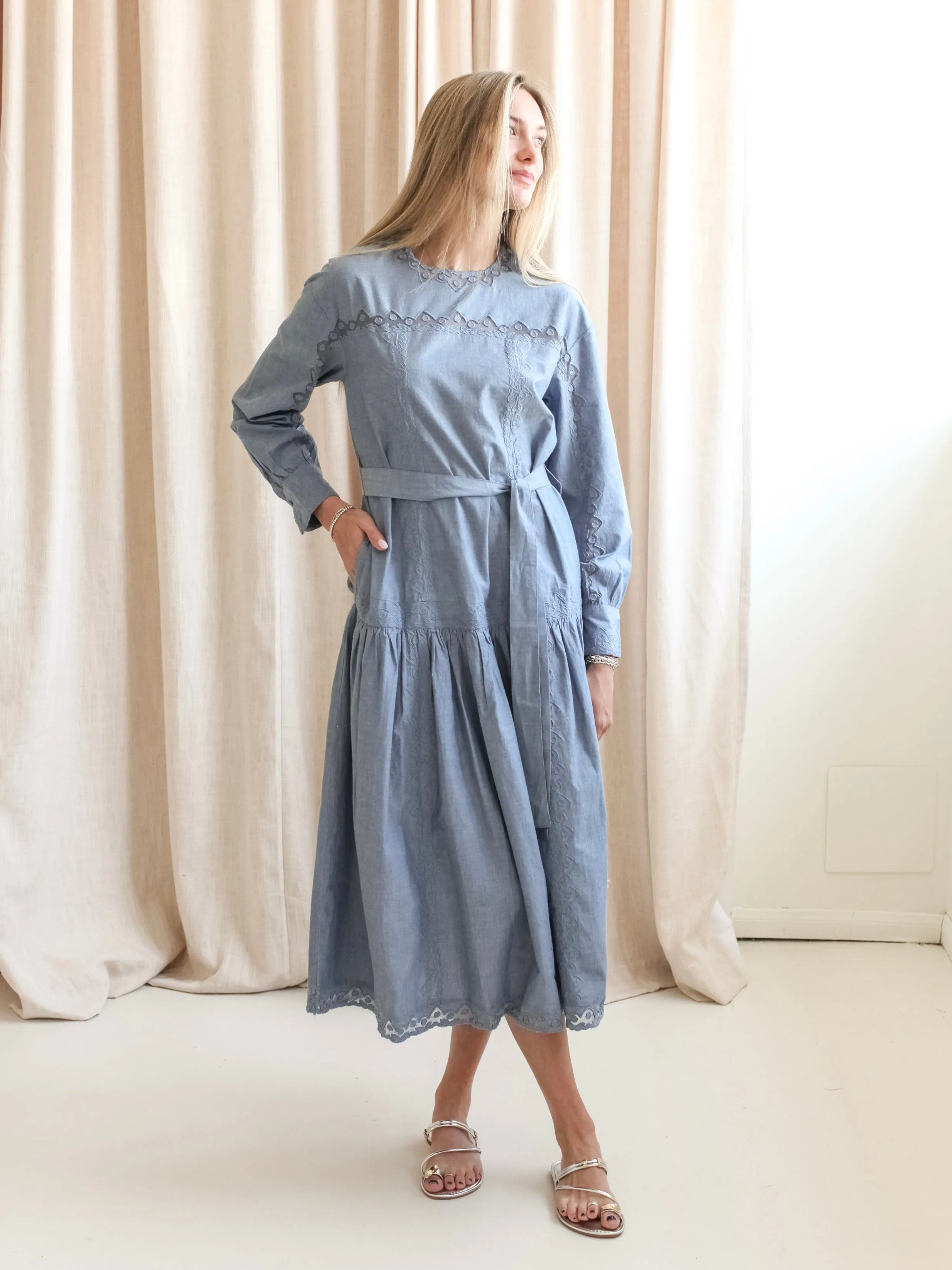 Ulla Johnson Brin Drop Waist Long Sleeve Dress - Chambray weekend feel