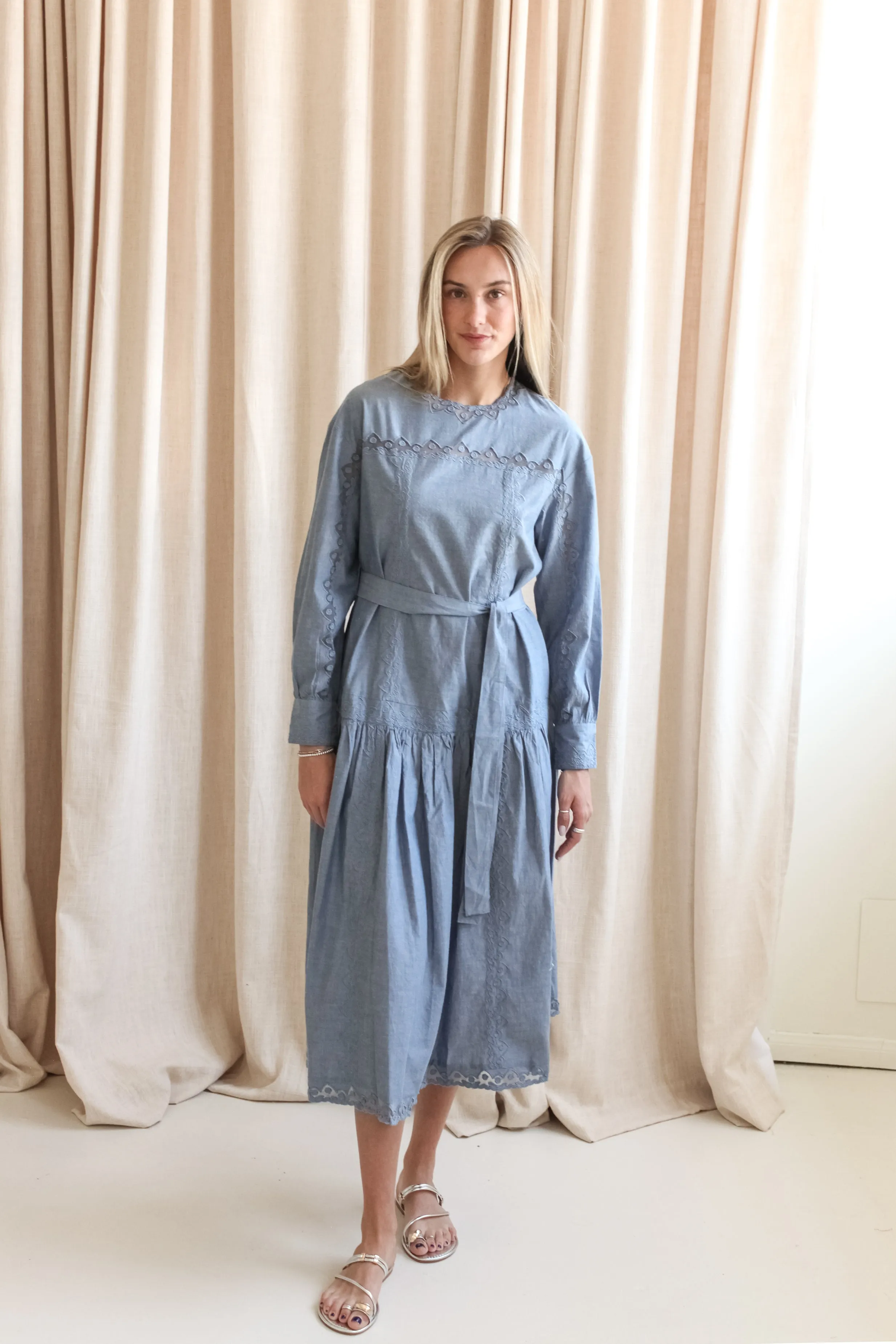 Ulla Johnson Brin Drop Waist Long Sleeve Dress - Chambray retro charm