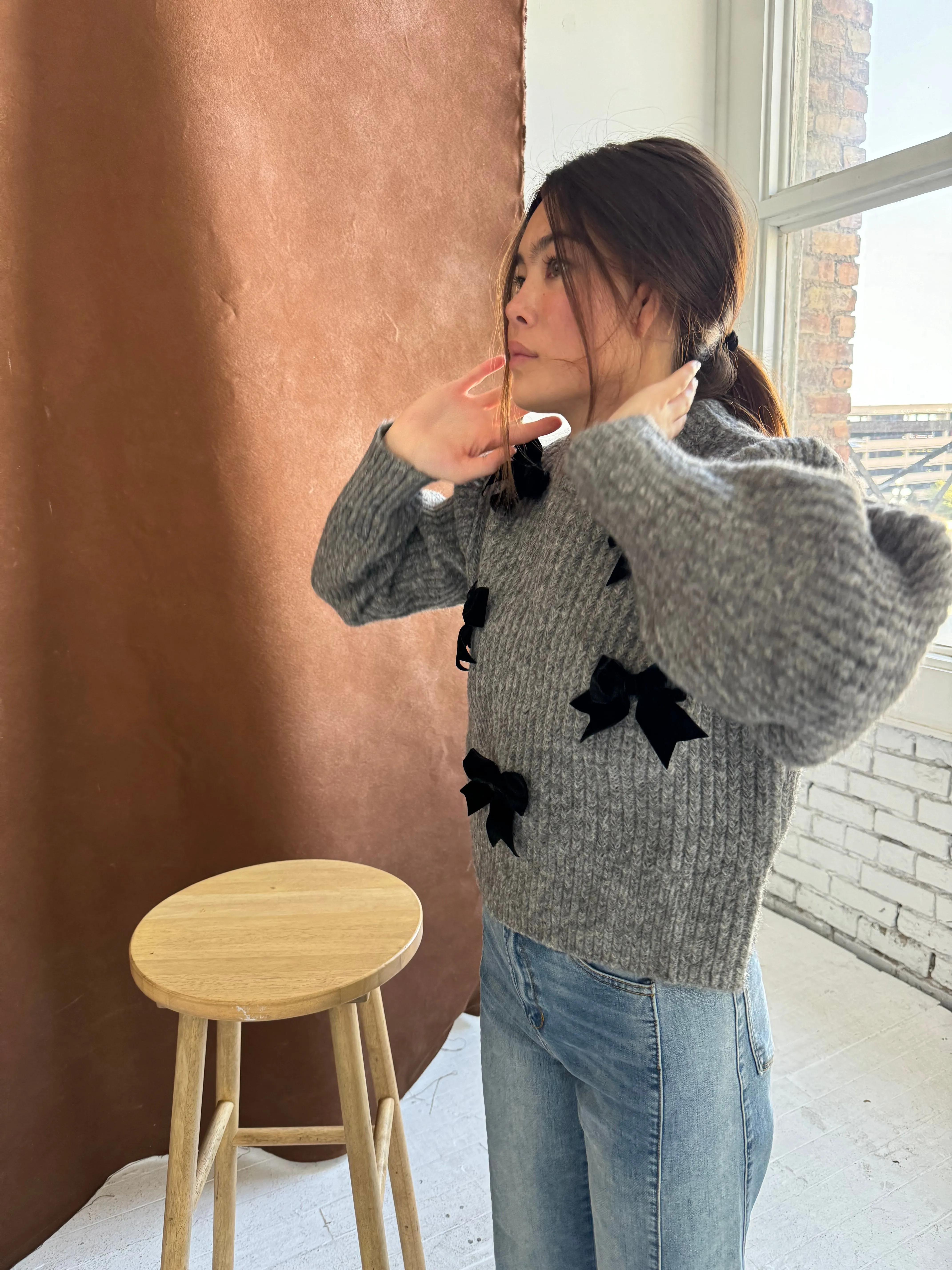 Velvet Bow Sweater Casual Ease
