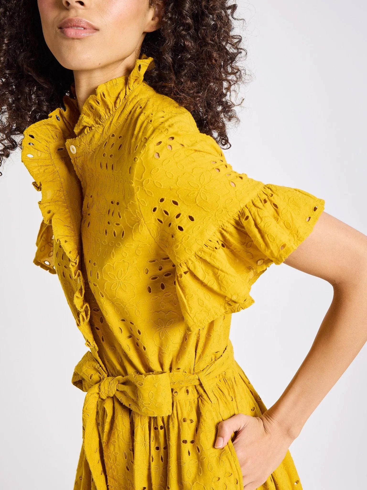 Victoria Dress in Marigold Eyelet polished edge