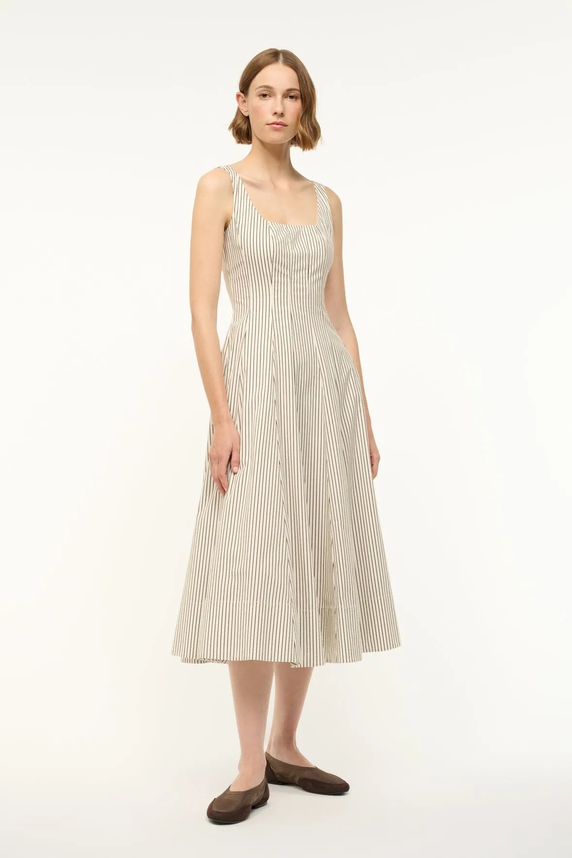WELLS DRESS | IVORY DARK OAK MICRO STRIPE calm glow