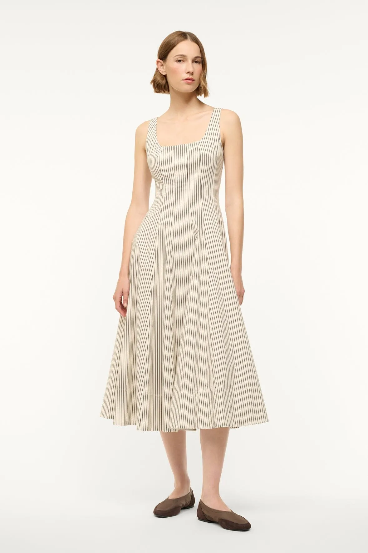 WELLS DRESS | IVORY DARK OAK MICRO STRIPE feminine side