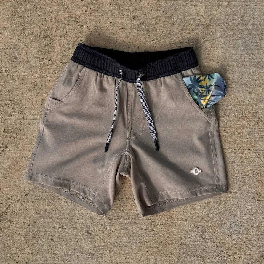 Youth Athletic Short - Heather Khaki - Palm Tree Liner sun protect wear