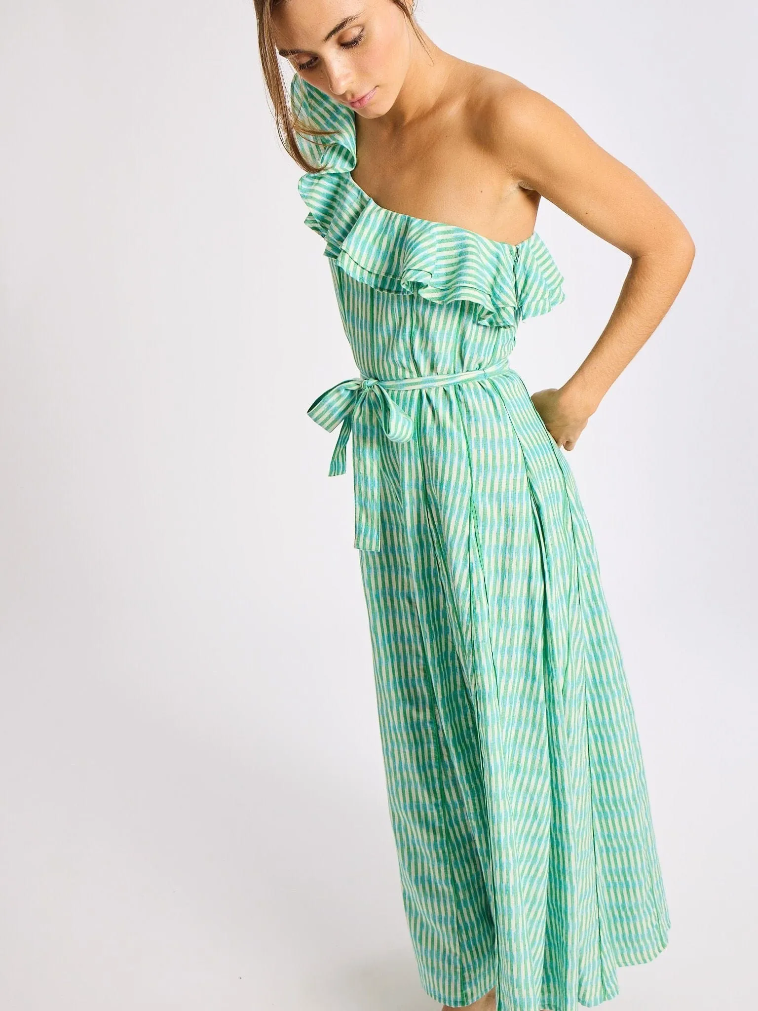 Yvonne Dress in Green & Blue Ikat downtown chic