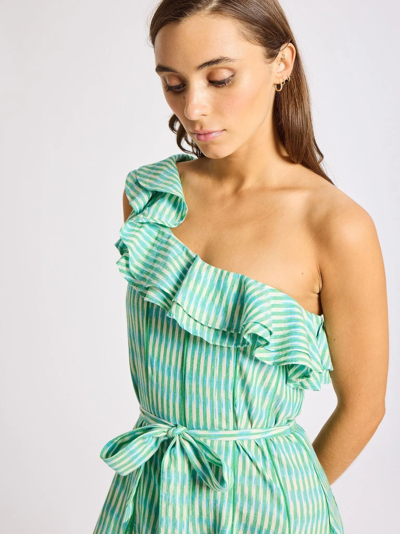 Yvonne Dress in Green & Blue Ikat floral theme