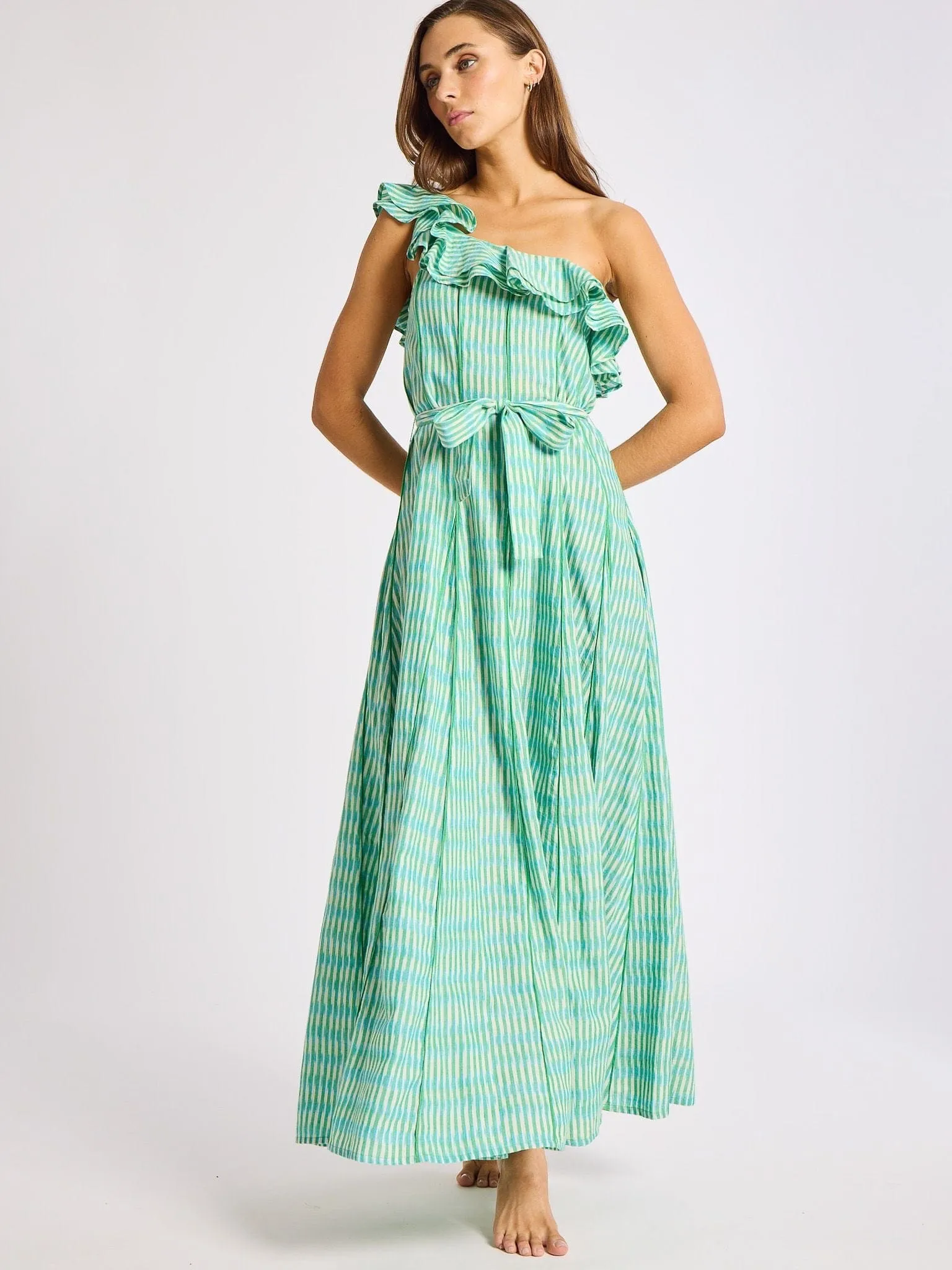 Yvonne Dress in Green & Blue Ikat beach vibe