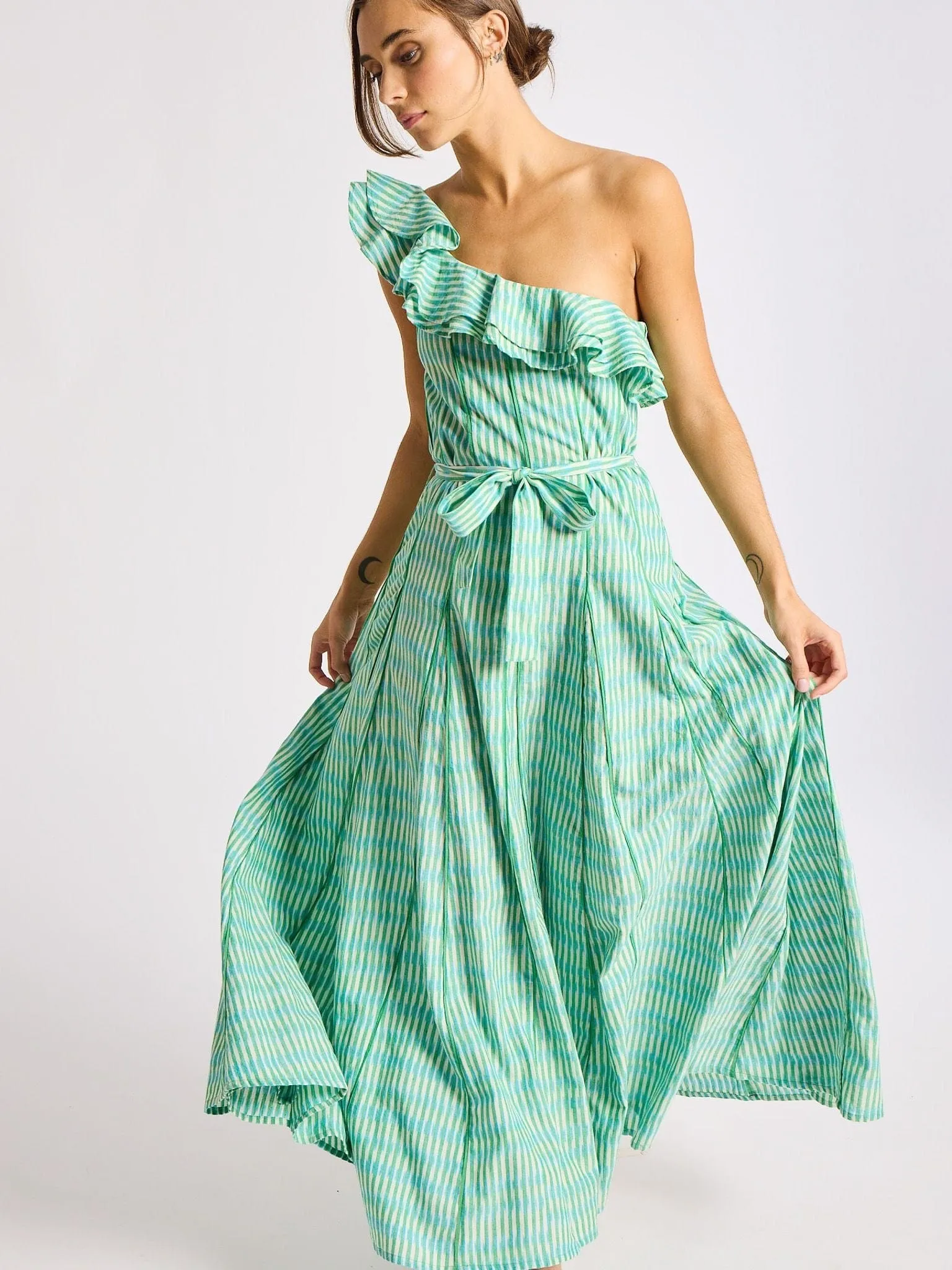 Yvonne Dress in Green & Blue Ikat skin glow