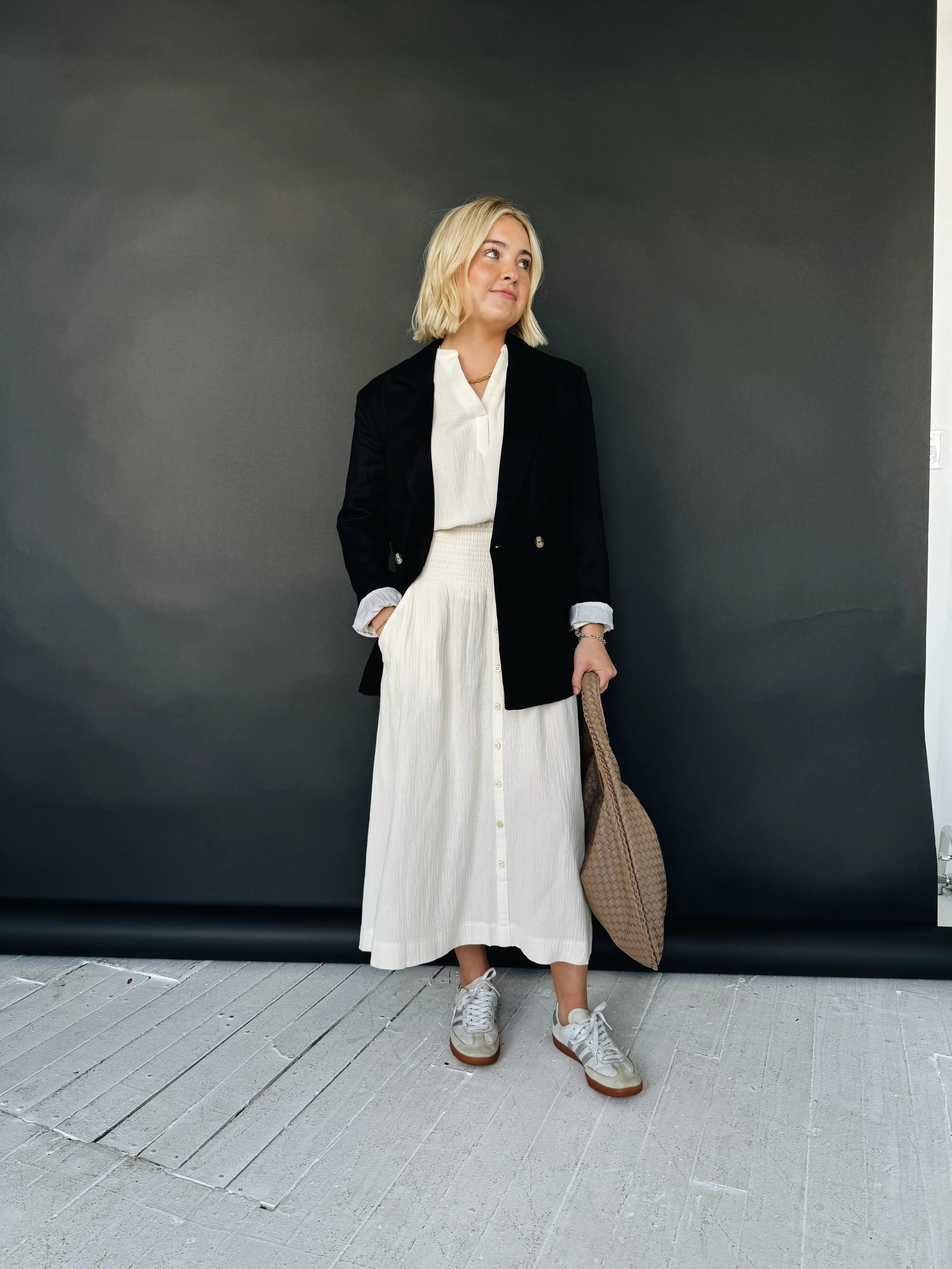 Zoe Midi Skirt - Ivory confident pose