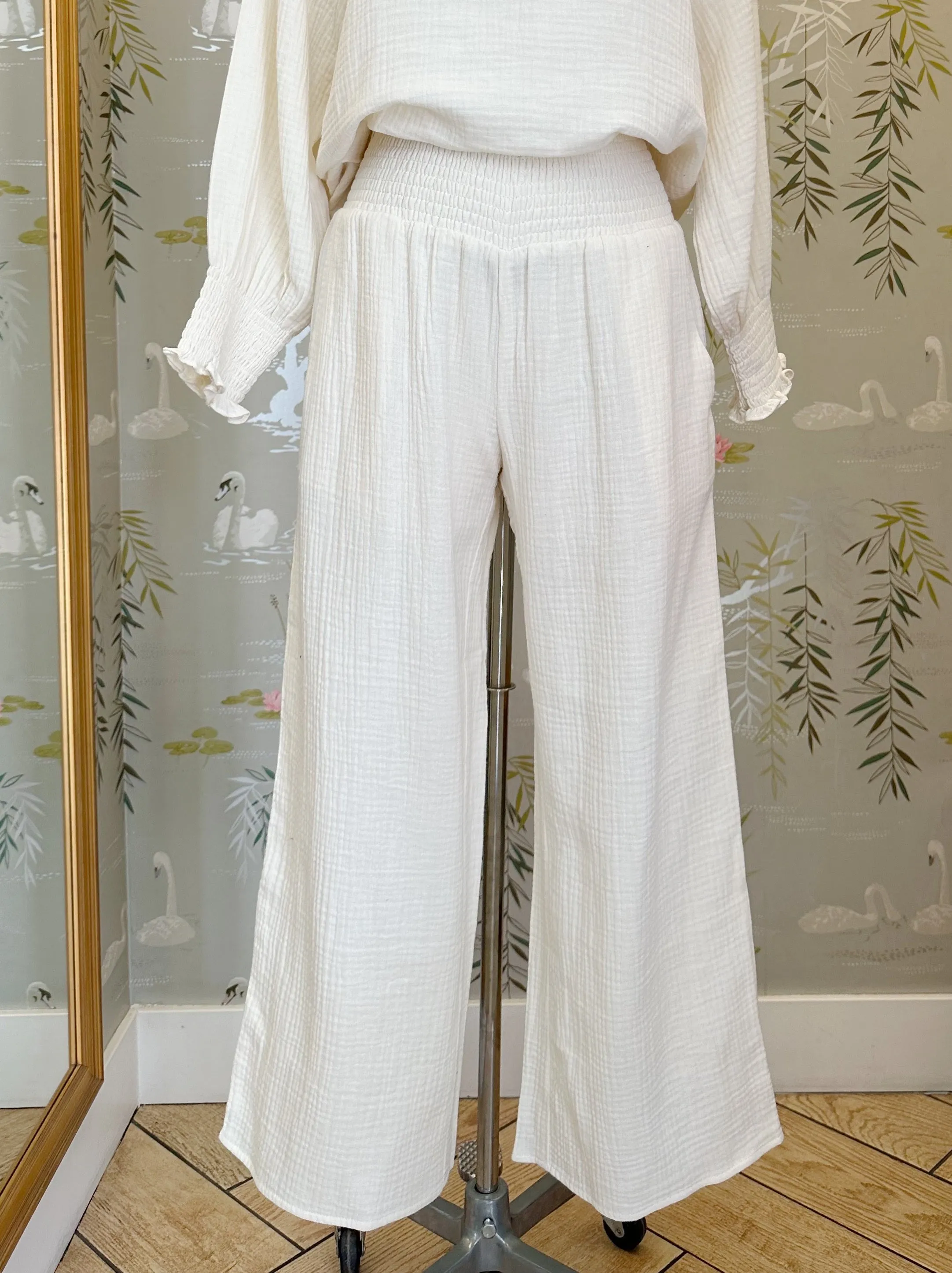Zoe Smocked Pant- Ivory multi function pants