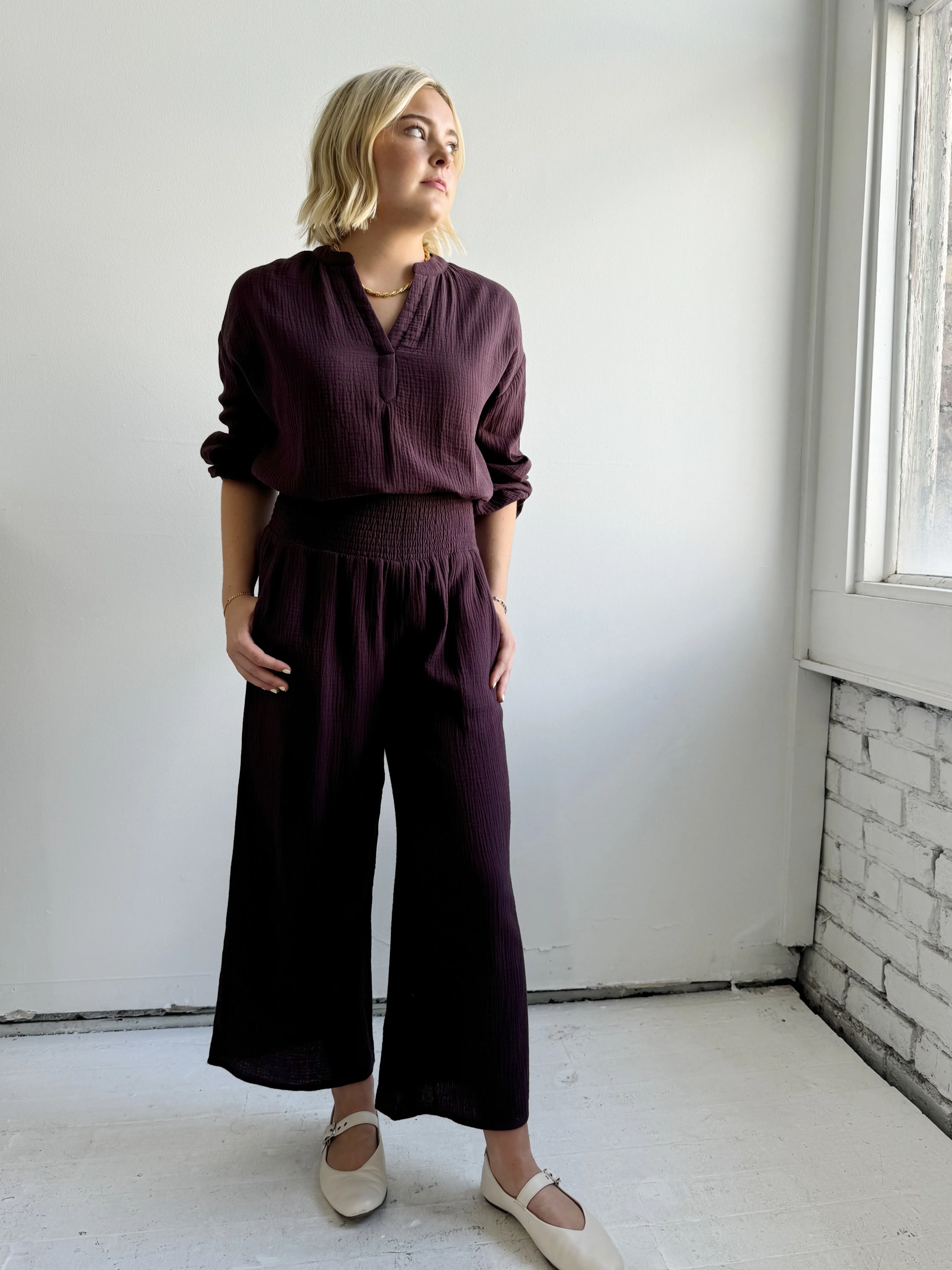Zoe Smocked Pant - Plum classical fit
