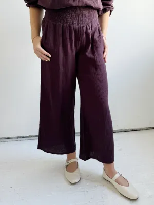 Zoe Smocked Pant - Plum elastic fabric